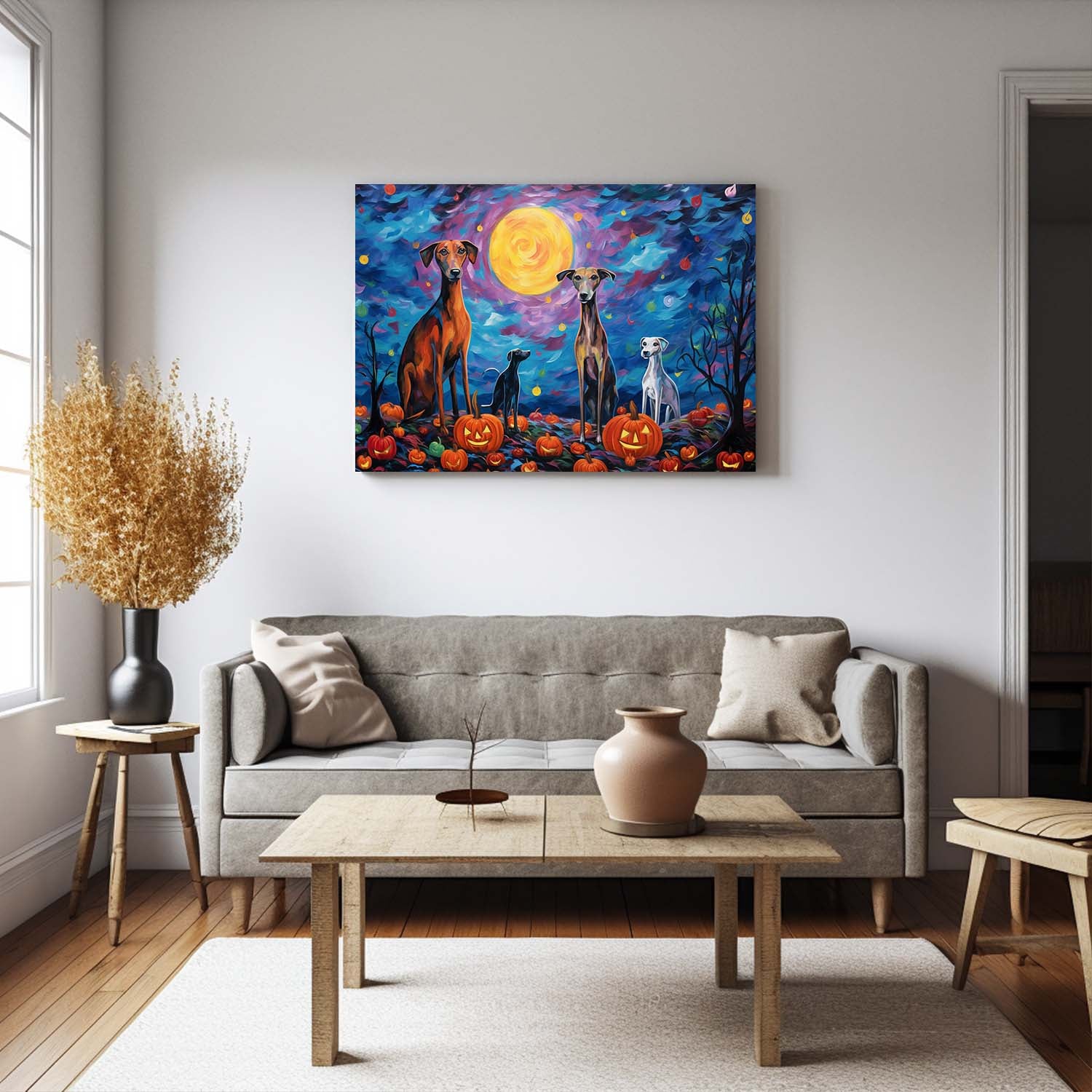 Whippets Dog Halloween With Pumpkin Oil Painting Van Goh Style, Wooden Canvas Prints Wall Art Painting , Canvas 3d Art