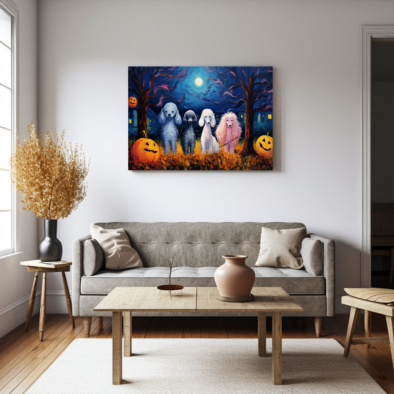 Poodle Dog Halloween With Pumpkin Oil Painting Van Goh Style, Wooden Canvas Prints Wall Art Painting , Canvas 3d Art