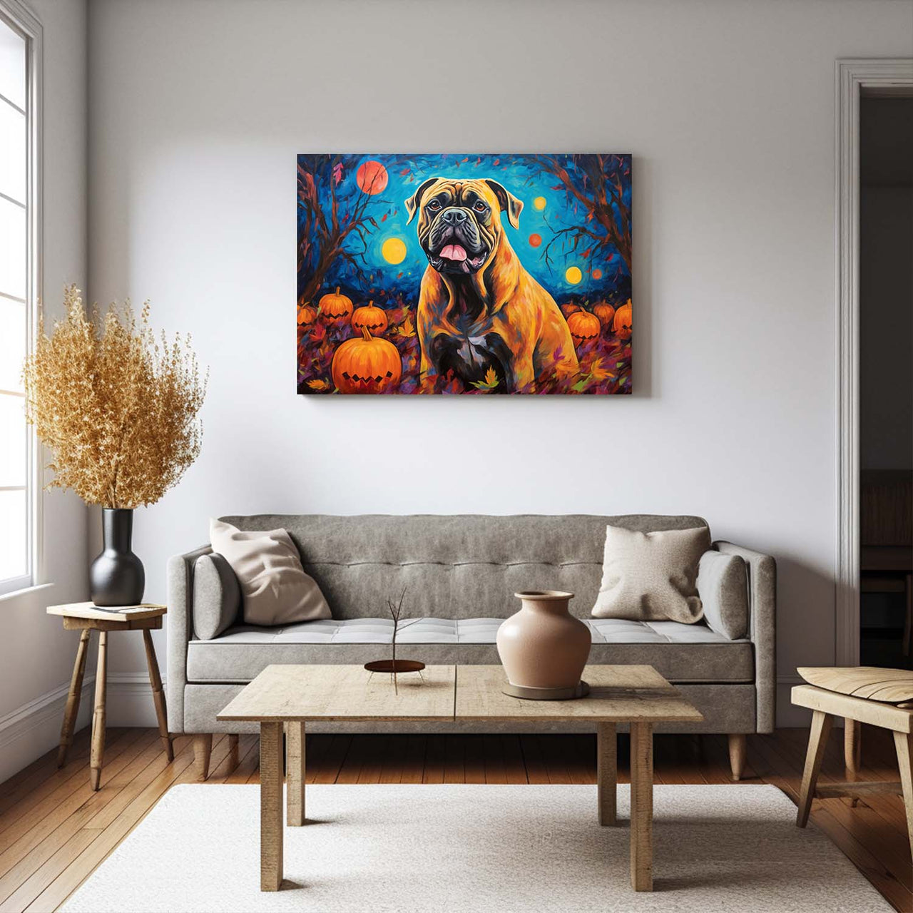 Cane Corso Dog 01 Halloween With Pumpkin Oil Painting Van Goh Style, Wooden Canvas Prints Wall Art Painting , Canvas 3d Art