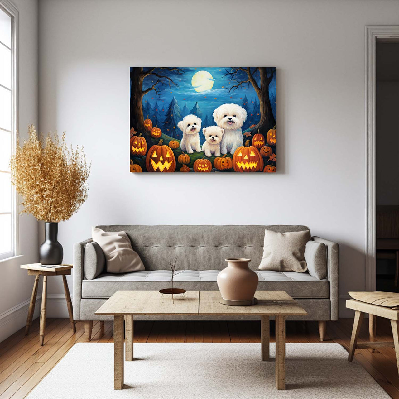 Bichons Frises Dog 02 Halloween With Pumpkin Oil Painting Van Goh Style, Wooden Canvas Prints Wall Art Painting , Canvas 3d Art