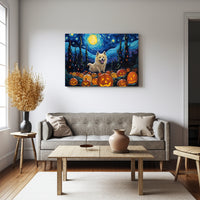 Thumbnail for Norwegian Elkhounds Dog 01 Halloween With Pumpkin Oil Painting Van Goh Style, Wooden Canvas Prints Wall Art Painting , Canvas 3d Art