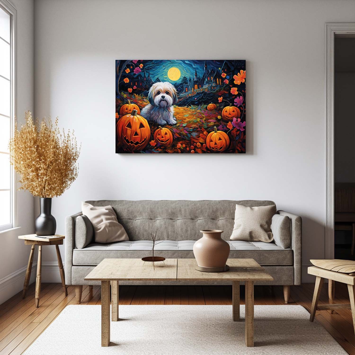 Lhasa Apsos Dog 02 Halloween With Pumpkin Oil Painting Van Goh Style, Wooden Canvas Prints Wall Art Painting , Canvas 3d Art