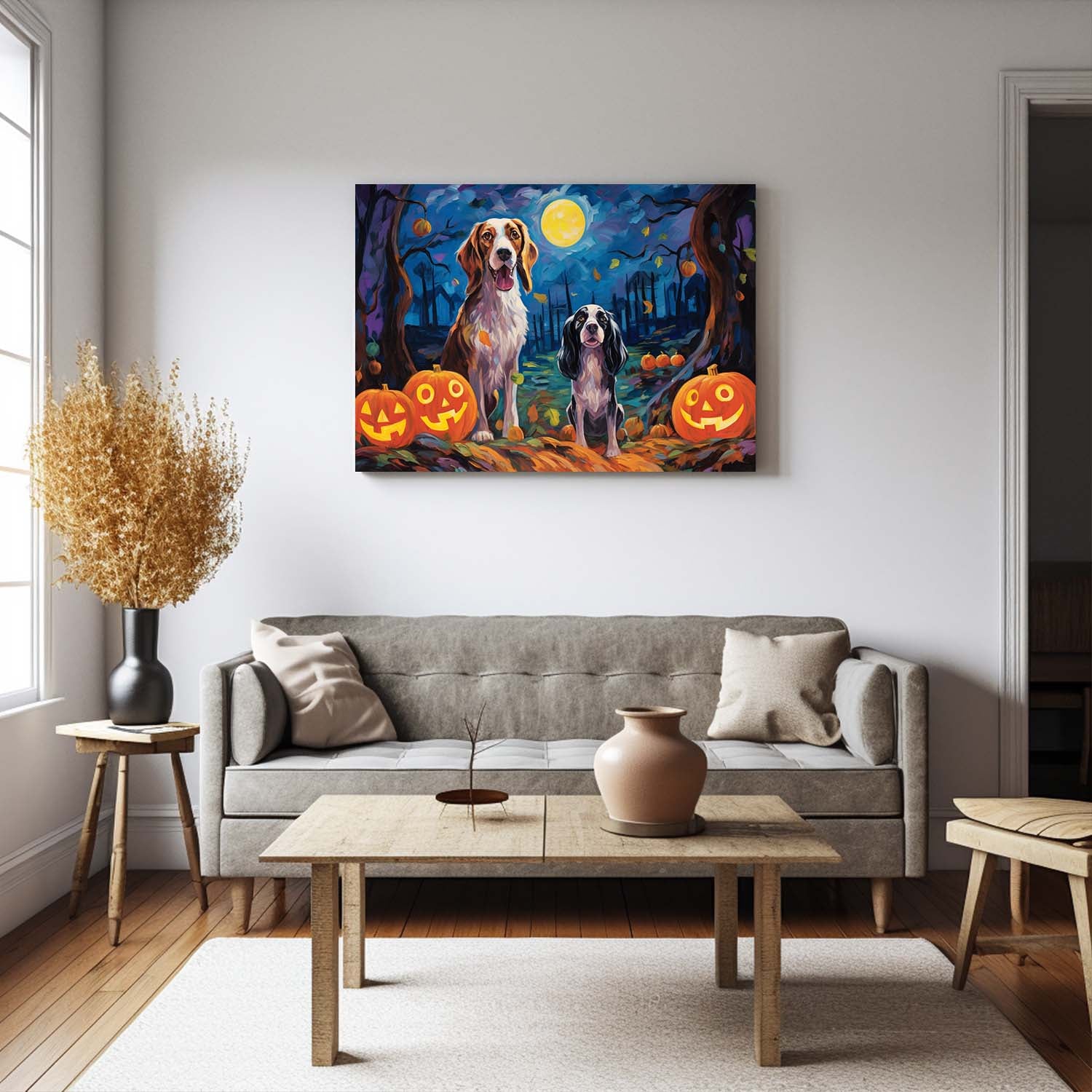 English Setters Dog 02 Halloween With Pumpkin Oil Painting Van Goh Style, Wooden Canvas Prints Wall Art Painting , Canvas 3d Art