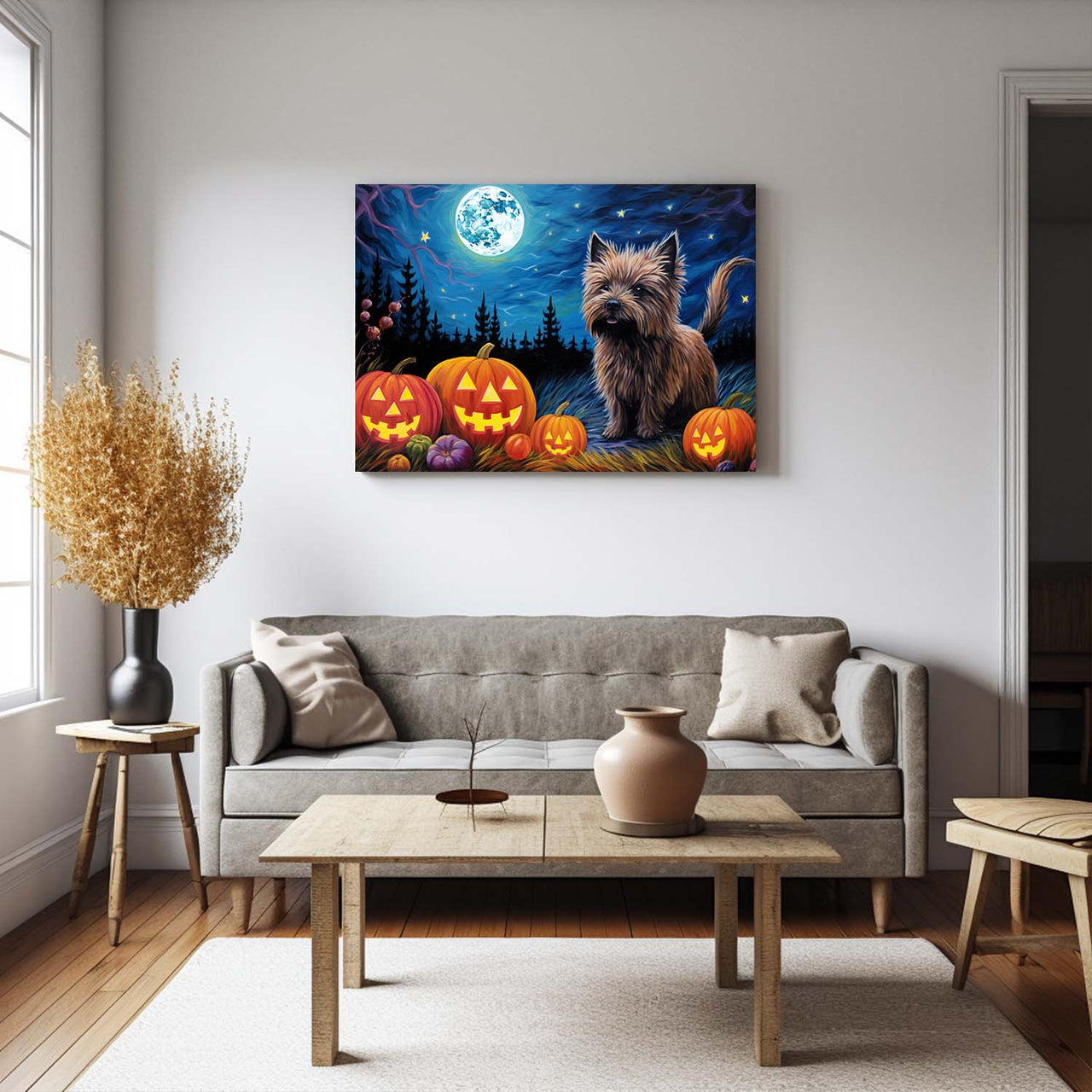 Cairn Terriers Dog Halloween With Pumpkin Oil Painting Van Goh Style, Wooden Canvas Prints Wall Art Painting , Canvas 3d Art