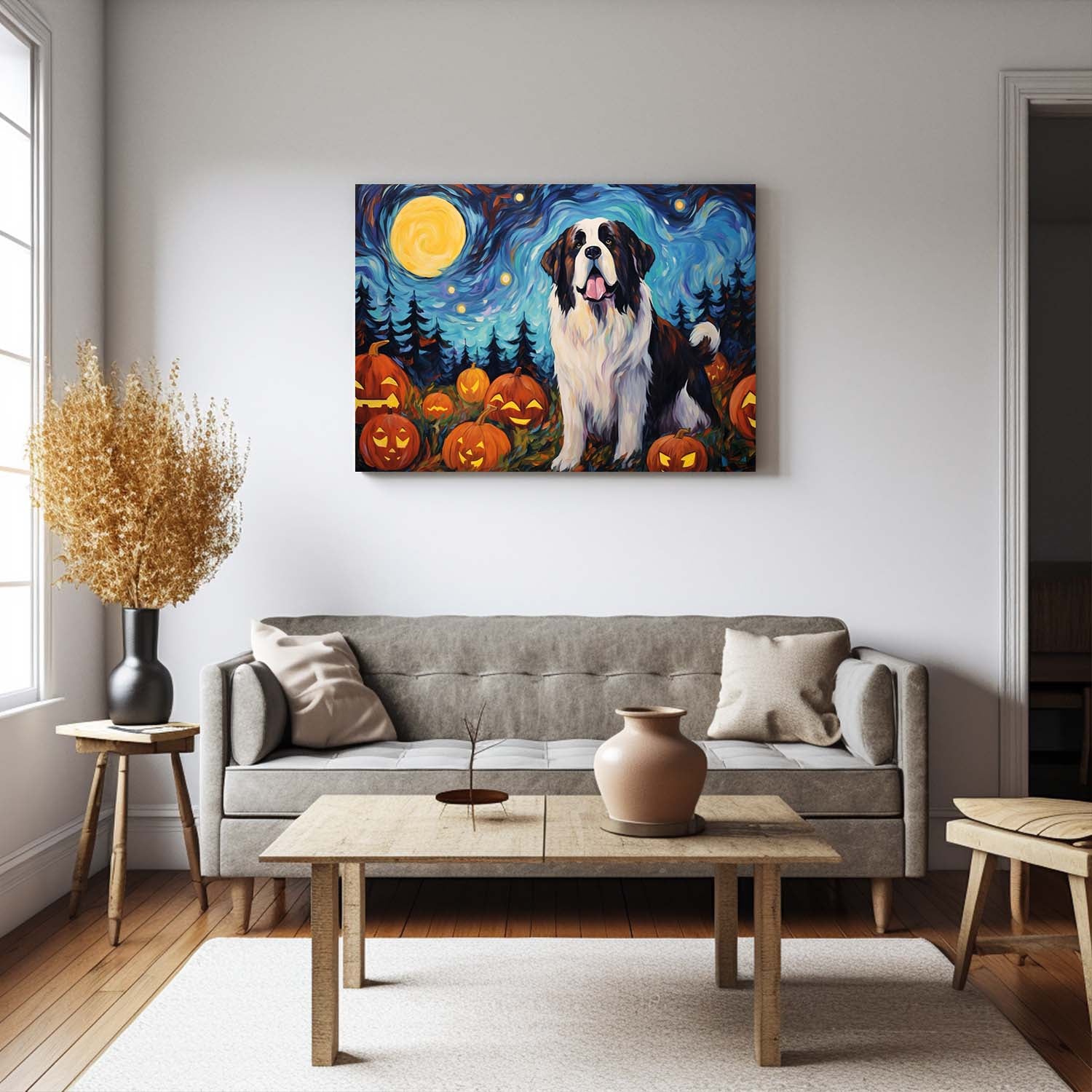 St. Bernards Dog 02 Halloween With Pumpkin Oil Painting Van Goh Style, Wooden Canvas Prints Wall Art Painting , Canvas 3d Art
