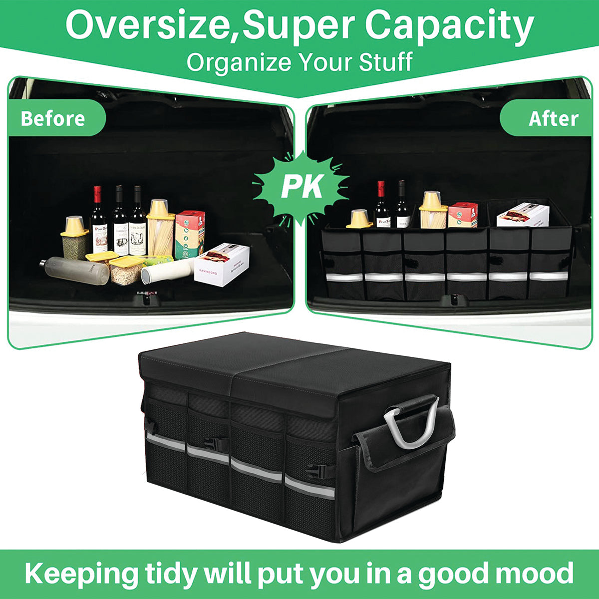 Big Trunk Organizer, Custom-Fit For Car, Cargo Organizer SUV Trunk Storage Waterproof Collapsible Durable Multi Compartments WaAR253