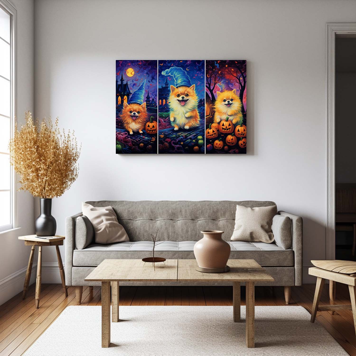 Pomeranians Dog 03 Halloween With Pumpkin Oil Painting Van Goh Style, Wooden Canvas Prints Wall Art Painting , Canvas 3d Art