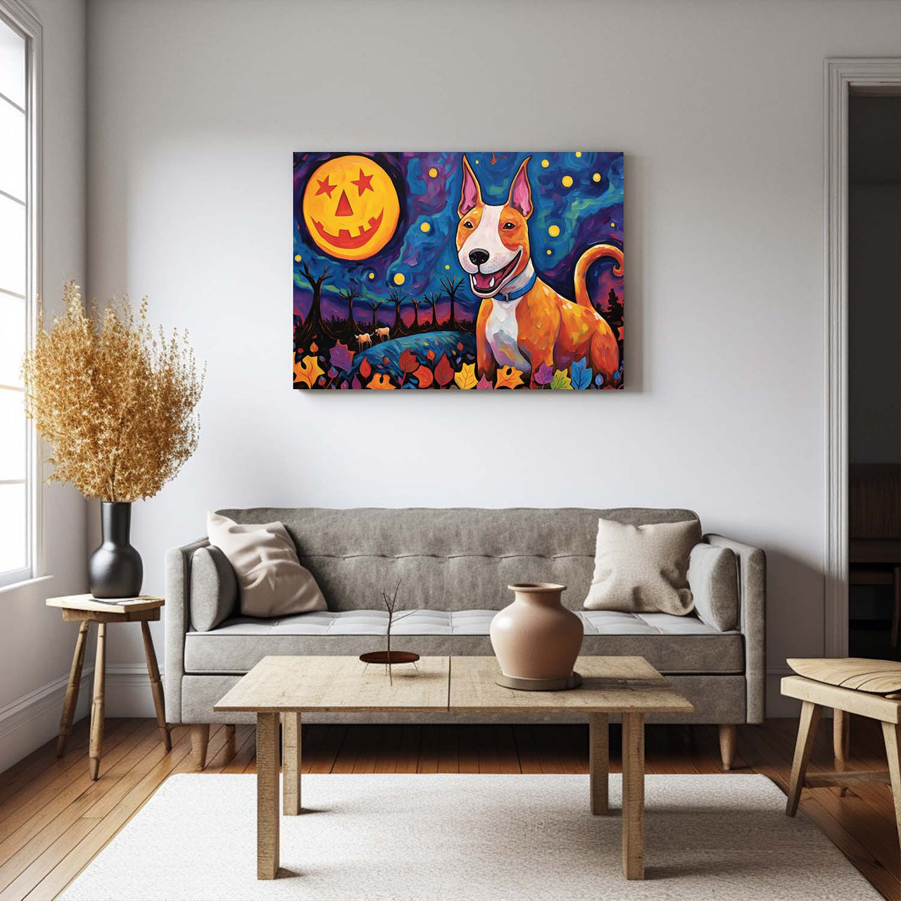 Bull Terriers Dog Halloween With Pumpkin Oil Painting Van Goh Style, Wooden Canvas Prints Wall Art Painting , Canvas 3d Art