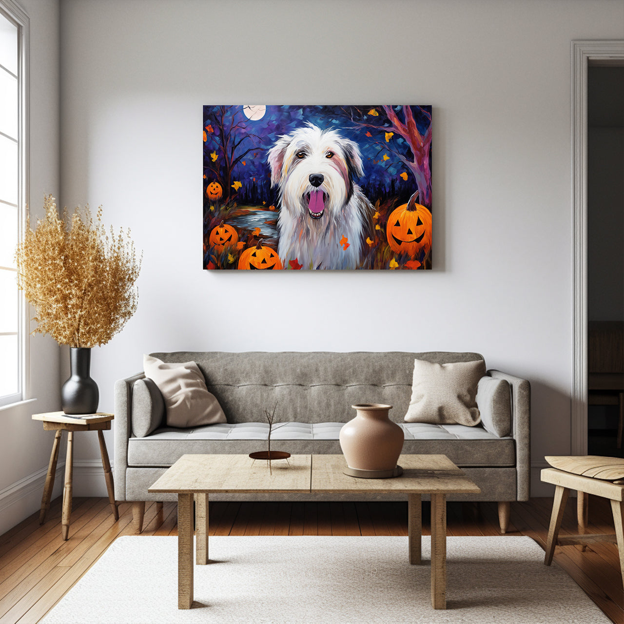Old English Sheepdogs Dog Halloween With Pumpkin Oil Painting Van Goh Style, Wooden Canvas Prints Wall Art Painting , Canvas 3d Art