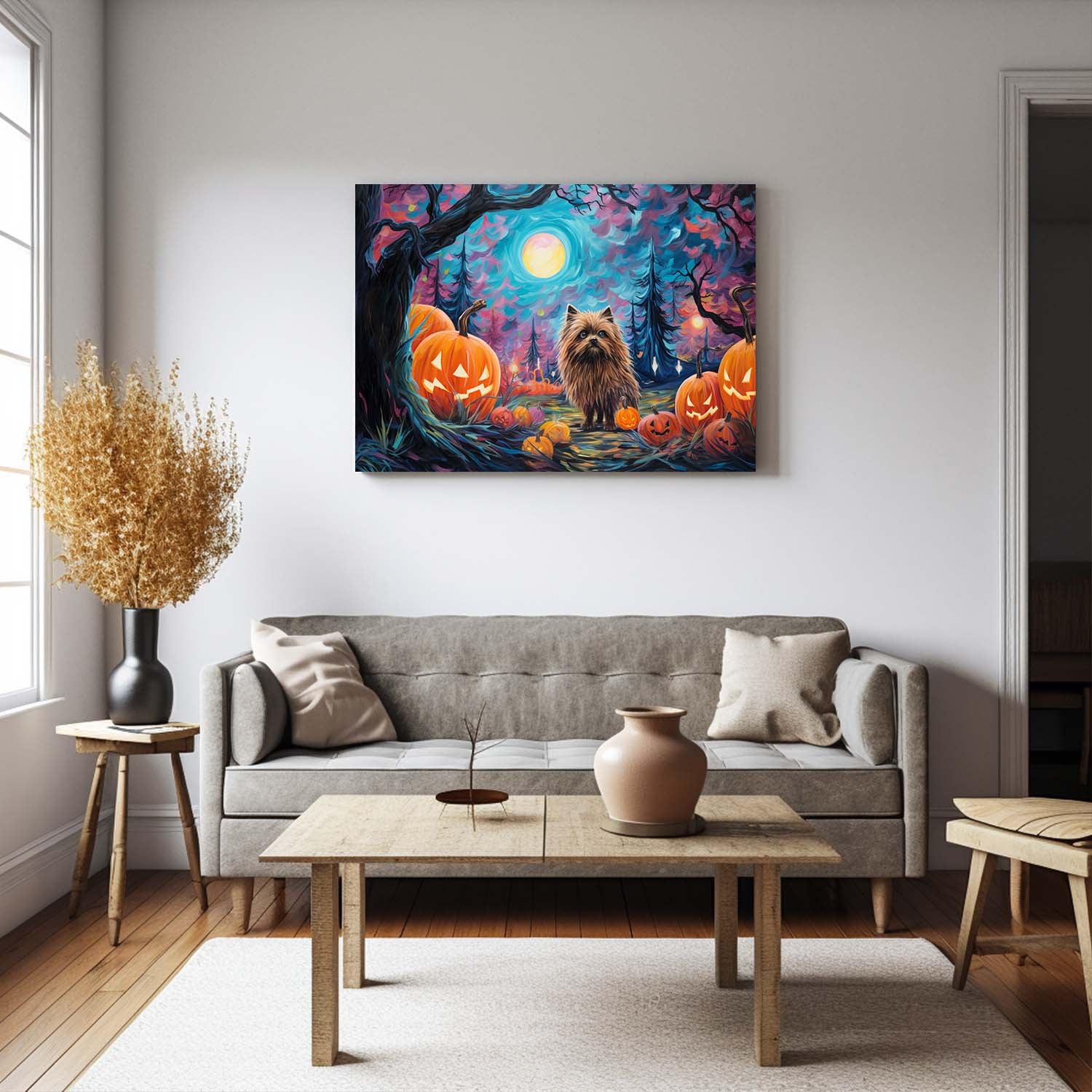 Keeshonden Dog 02 Halloween With Pumpkin Oil Painting Van Goh Style, Wooden Canvas Prints Wall Art Painting , Canvas 3d Art