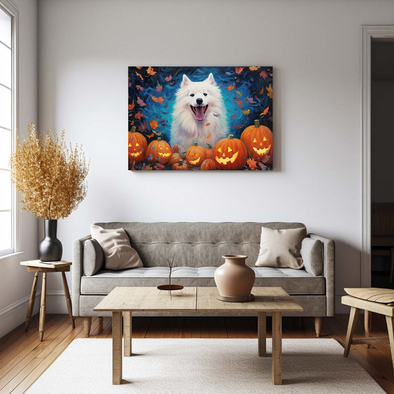 Samoyeds Dog 02 Halloween With Pumpkin Oil Painting Van Goh Style, Wooden Canvas Prints Wall Art Painting , Canvas 3d Art