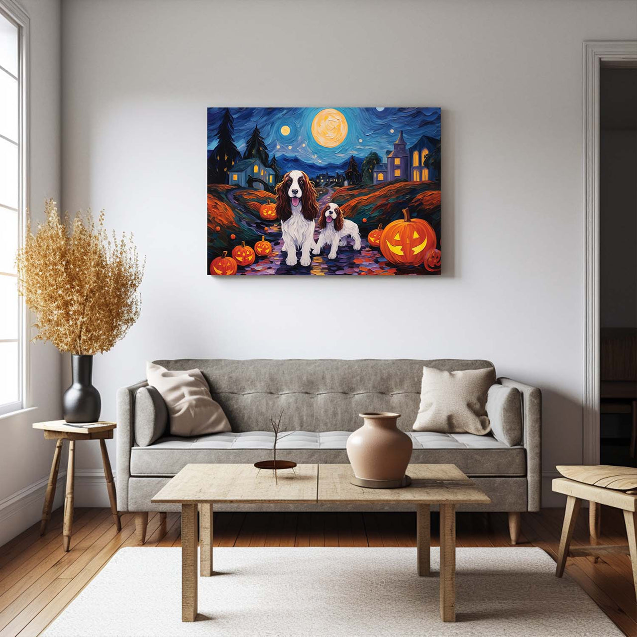 English Springer Spaniels Dog 02 Halloween With Pumpkin Oil Painting Van Goh Style, Wooden Canvas Prints Wall Art Painting , Canvas 3d Art