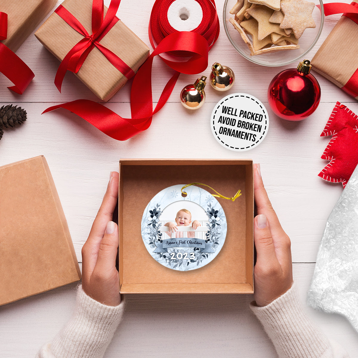 First Christmas Blue Floral Personalized Custom Photo Christmas Premium Ceramic Ornaments Gift For Family