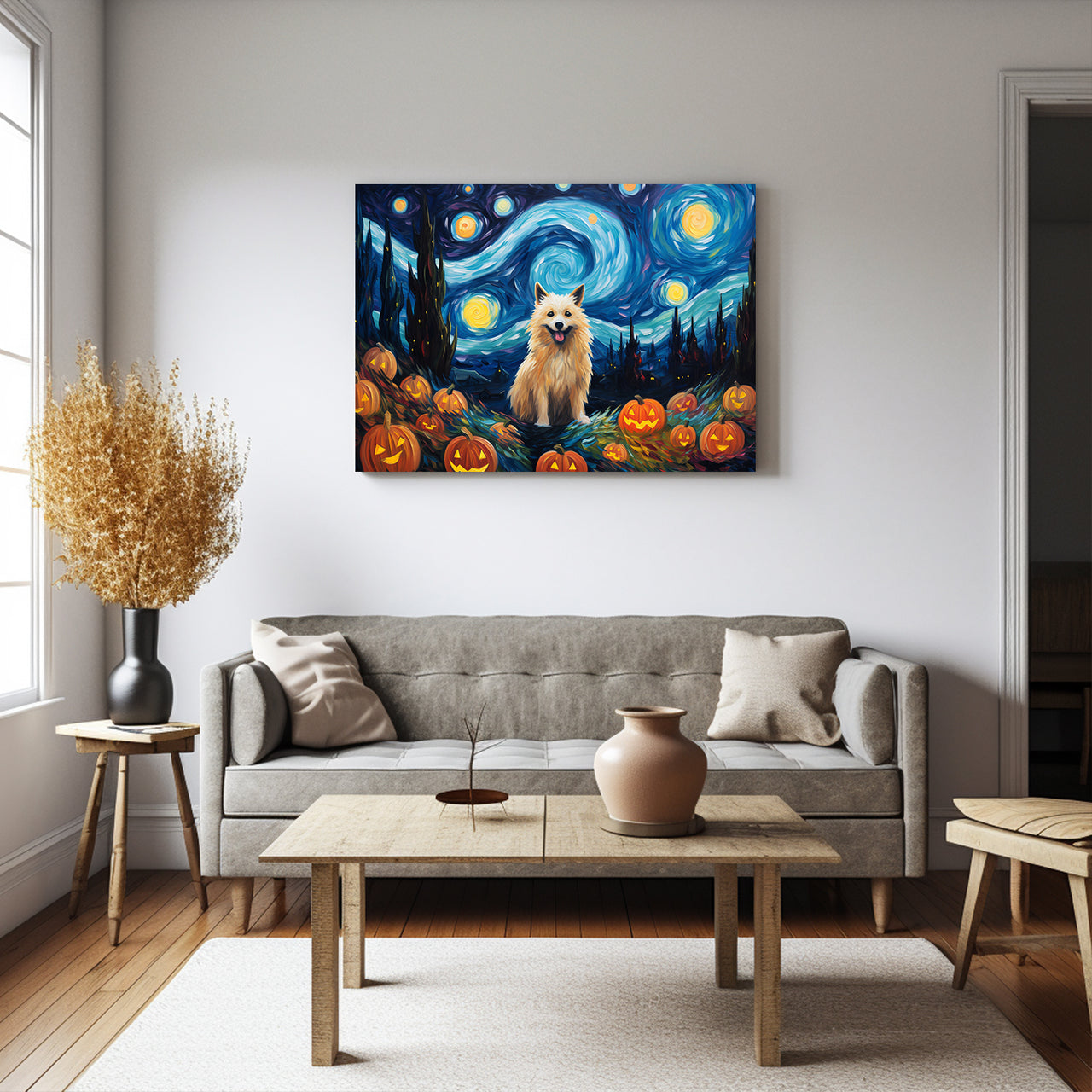Norwegian Elkhounds Dog 02 Halloween With Pumpkin Oil Painting Van Goh Style, Wooden Canvas Prints Wall Art Painting , Canvas 3d Art