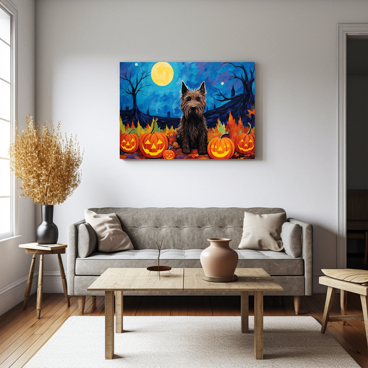Scottish Terriers Dog Halloween With Pumpkin Oil Painting Van Goh Style, Wooden Canvas Prints Wall Art Painting , Canvas 3d Art