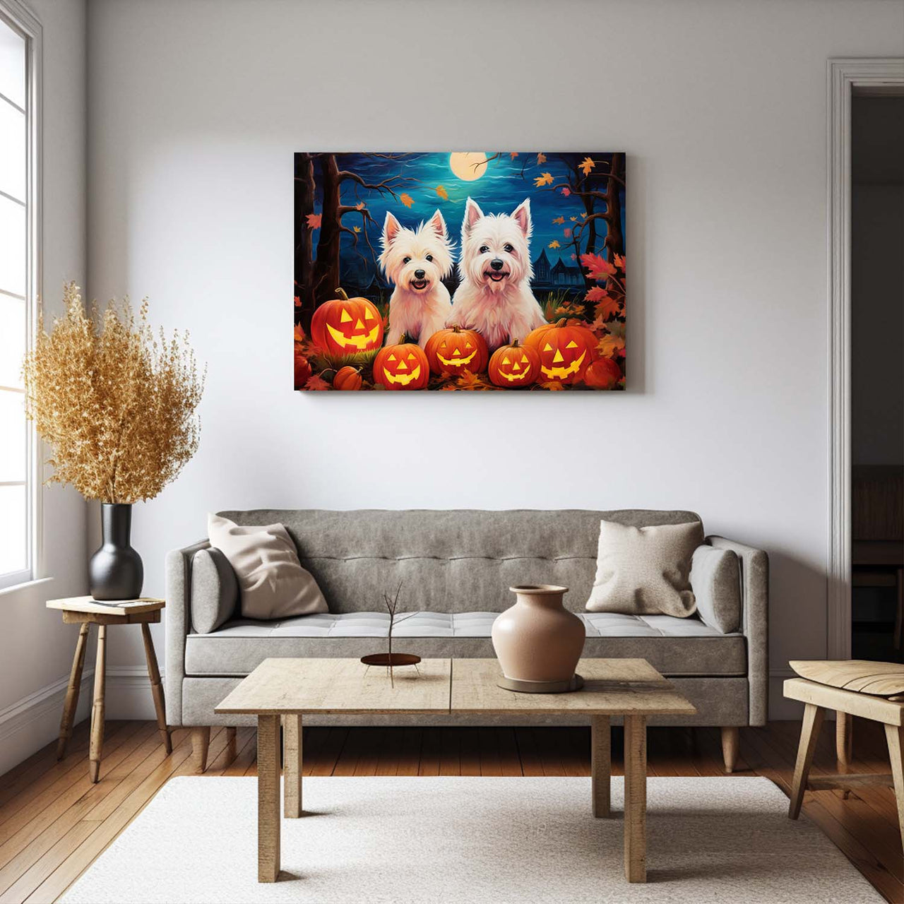 West Highland White Terriers Dog Halloween With Pumpkin Oil Painting Van Goh Style, Wooden Canvas Prints Wall Art Painting , Canvas 3d Art