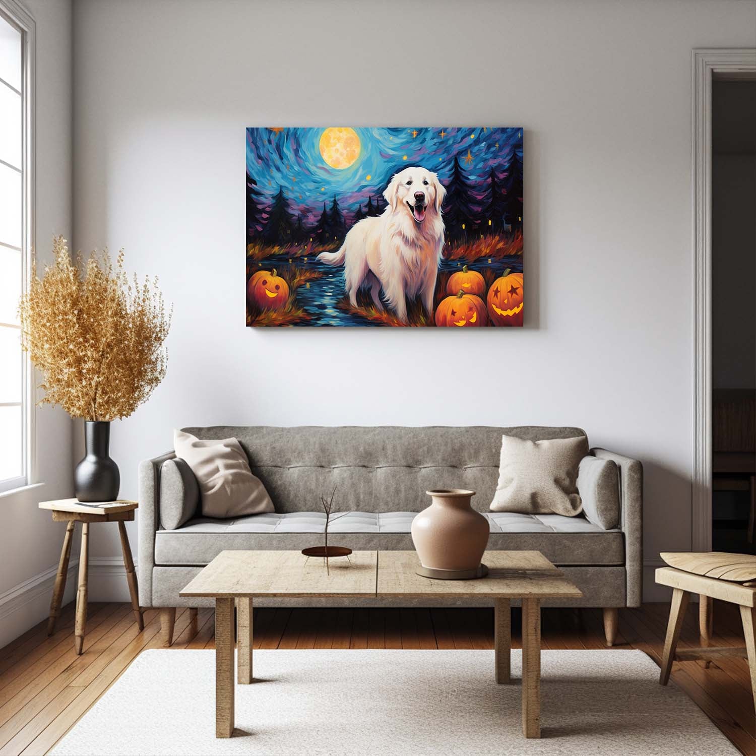 Great Pyrenees Dog 01 Halloween With Pumpkin Oil Painting Van Goh Style, Wooden Canvas Prints Wall Art Painting , Canvas 3d Art