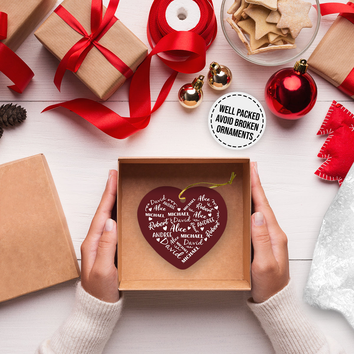 Touch Heart Red Version 02 Christmas Personalized Custom Name Christmas Premium Ceramic Ornaments Sets