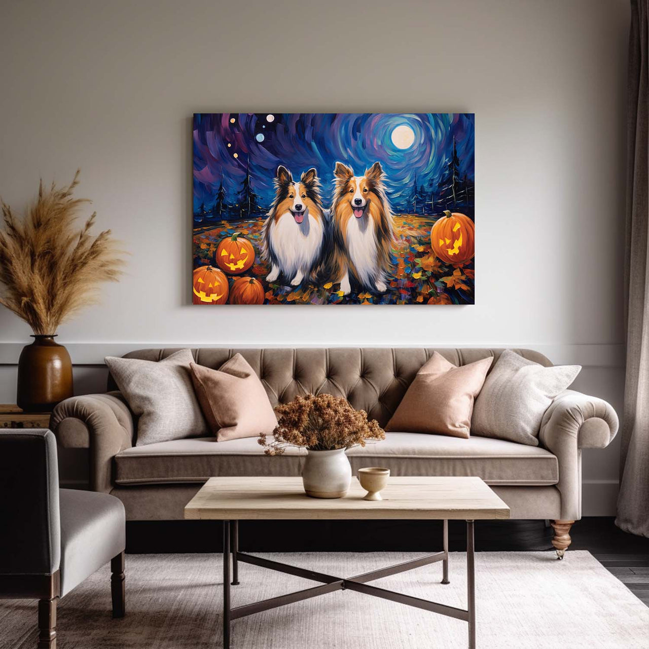 Shetland Sheepdogs Dog 02 Halloween With Pumpkin Oil Painting Van Goh Style, Wooden Canvas Prints Wall Art Painting , Canvas 3d Art