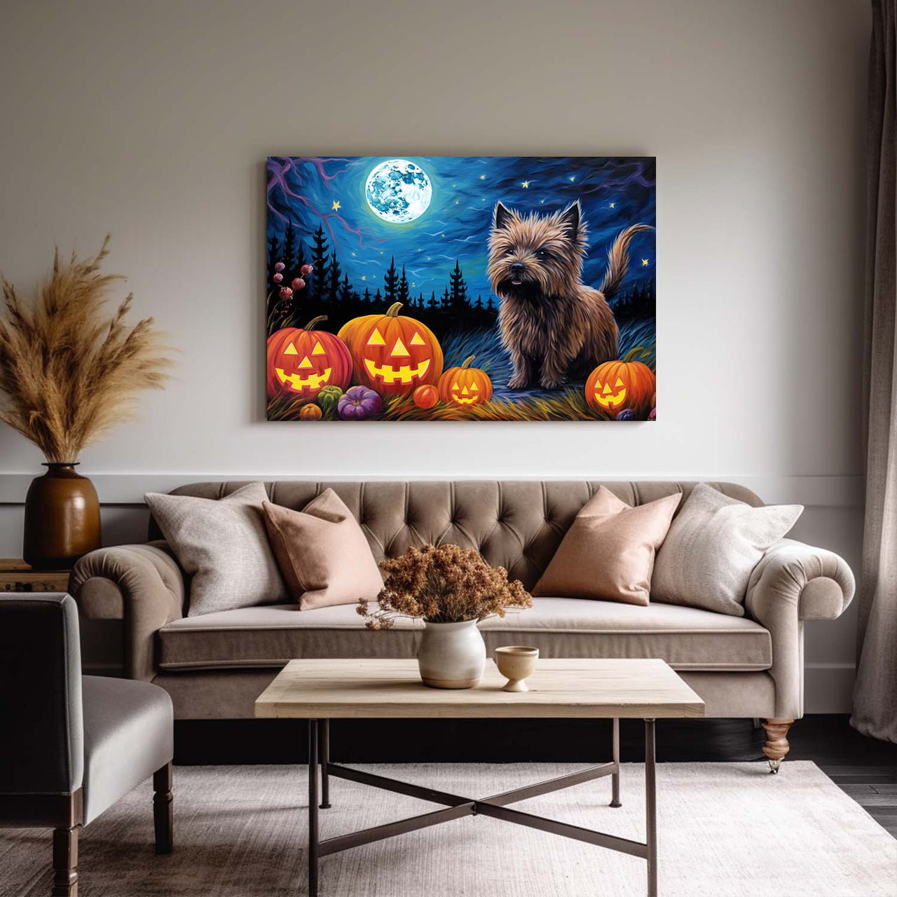 Cairn Terriers Dog Halloween With Pumpkin Oil Painting Van Goh Style, Wooden Canvas Prints Wall Art Painting , Canvas 3d Art