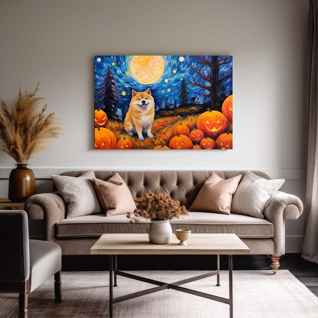 Akita Dog 02 Halloween With Pumpkin Oil Painting Van Goh Style, Wooden Canvas Prints Wall Art Painting , Canvas 3d Art