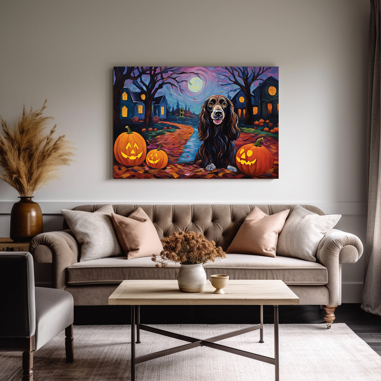 Gordon Setters Dog Halloween With Pumpkin Oil Painting Van Goh Style, Wooden Canvas Prints Wall Art Painting , Canvas 3d Art