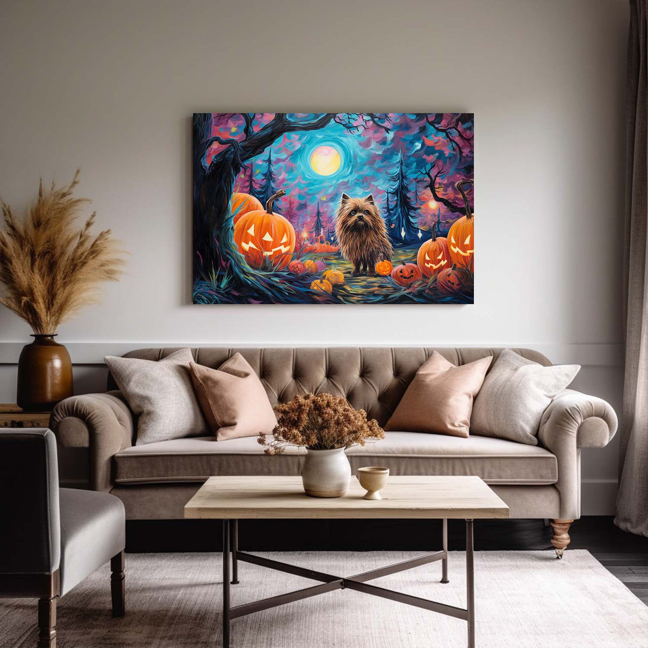 Keeshonden Dog 02 Halloween With Pumpkin Oil Painting Van Goh Style, Wooden Canvas Prints Wall Art Painting , Canvas 3d Art