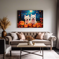 Thumbnail for West Highland White Terriers Dog Halloween With Pumpkin Oil Painting Van Goh Style, Wooden Canvas Prints Wall Art Painting , Canvas 3d Art