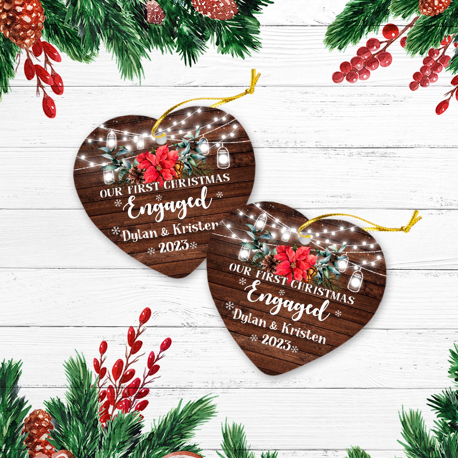 Flower Wood 1st Christmas Engaged Personalized Christmas Premium Ceramic Ornaments