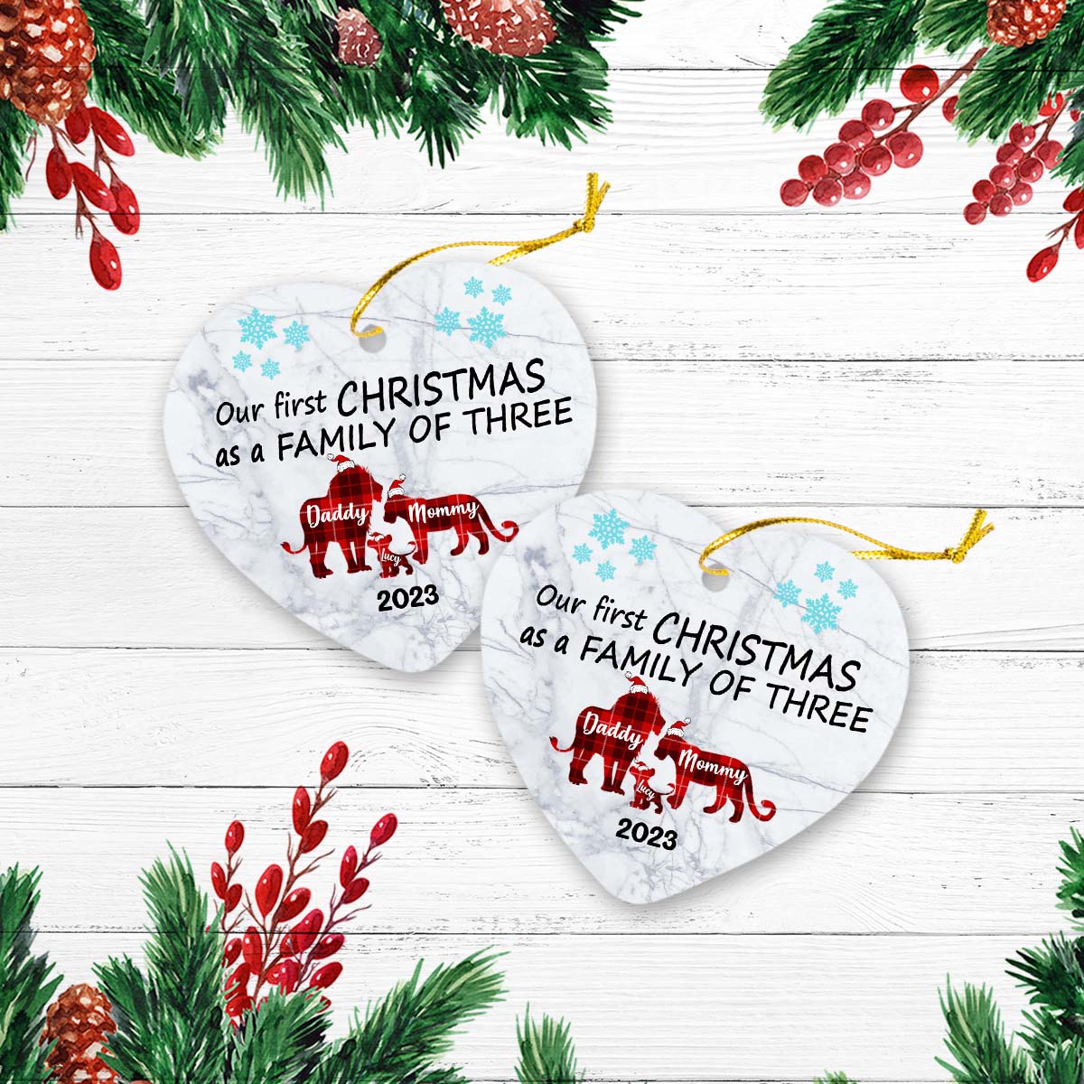 Our First Christmas As A Family Of Tree Version Lion Personalized Christmas Premium Ceramic Ornaments