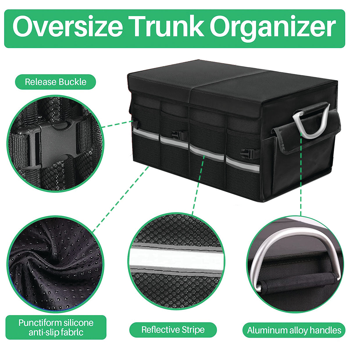 Big Trunk Organizer, Custom-Fit For Car, Cargo Organizer SUV Trunk Storage Waterproof Collapsible Durable Multi Compartments WaRA253