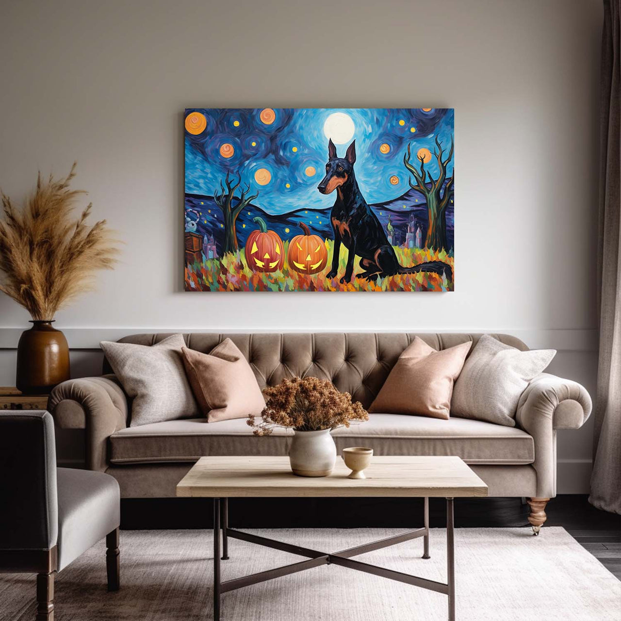 Doberman Pinschers Dog 01 Halloween With Pumpkin Oil Painting Van Goh Style, Wooden Canvas Prints Wall Art Painting , Canvas 3d Art