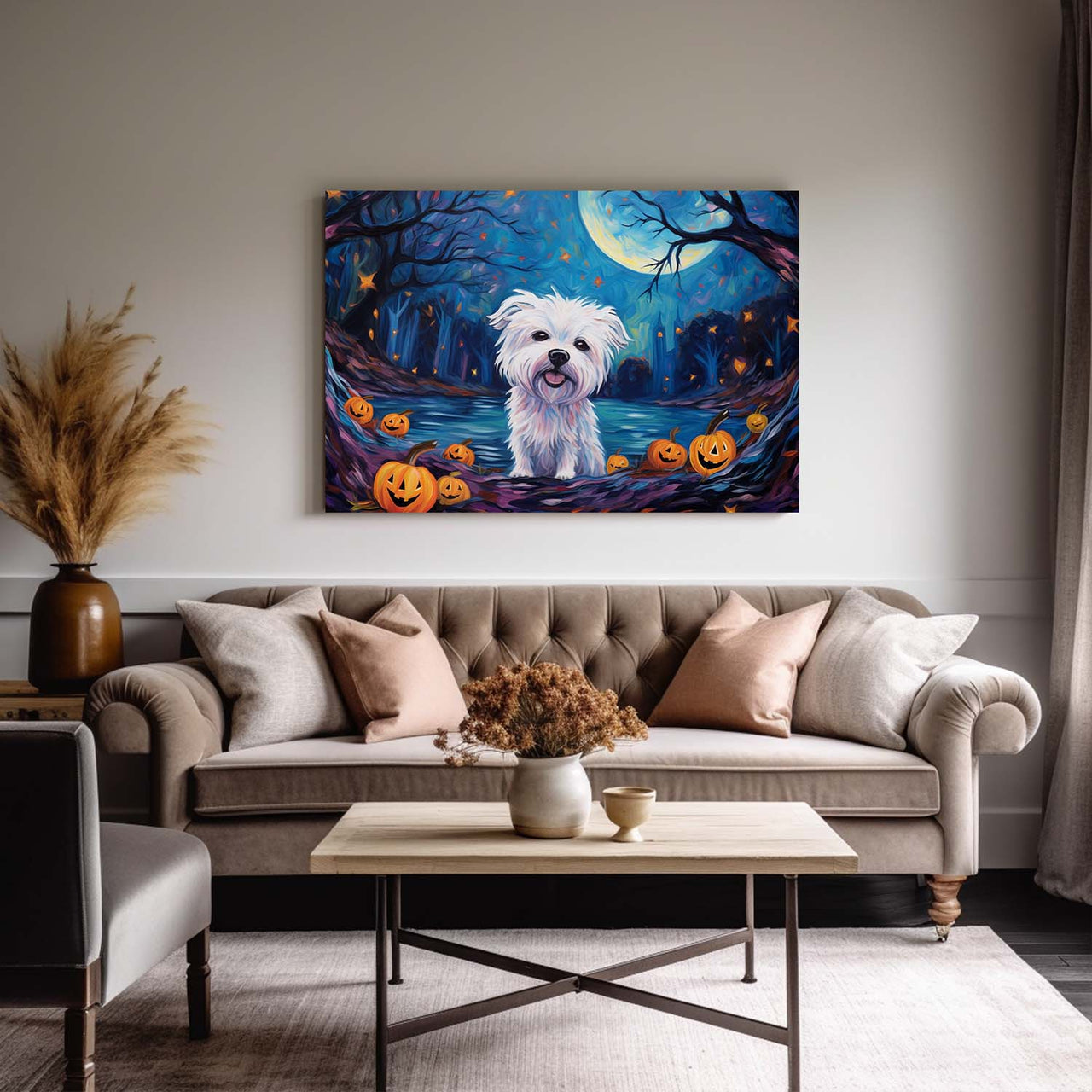 Maltese Dog 02 Halloween With Pumpkin Oil Painting Van Goh Style, Wooden Canvas Prints Wall Art Painting , Canvas 3d Art
