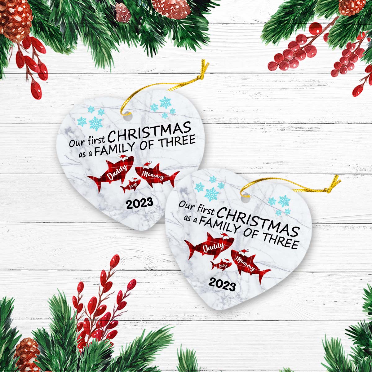 Our First Christmas As A Family Of Tree Version Shark Personalized Christmas Premium Ceramic Ornaments