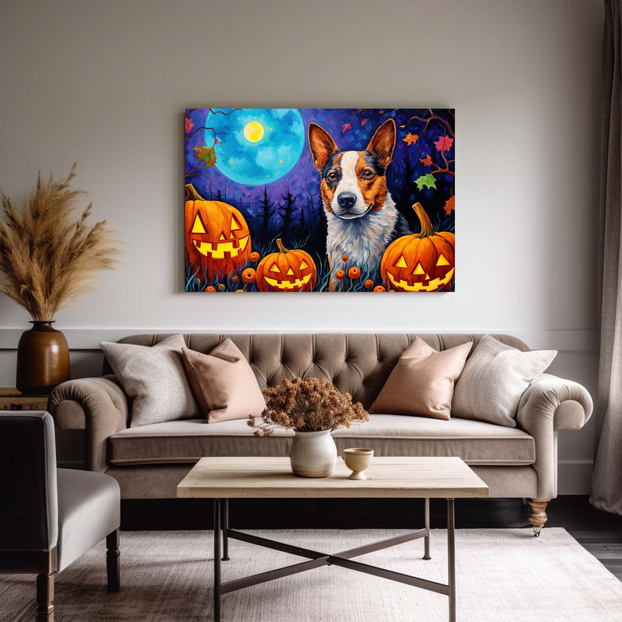 Australian Cattle Dog 01 Halloween With Pumpkin Oil Painting Van Goh Style, Wooden Canvas Prints Wall Art Painting , Canvas 3d Art