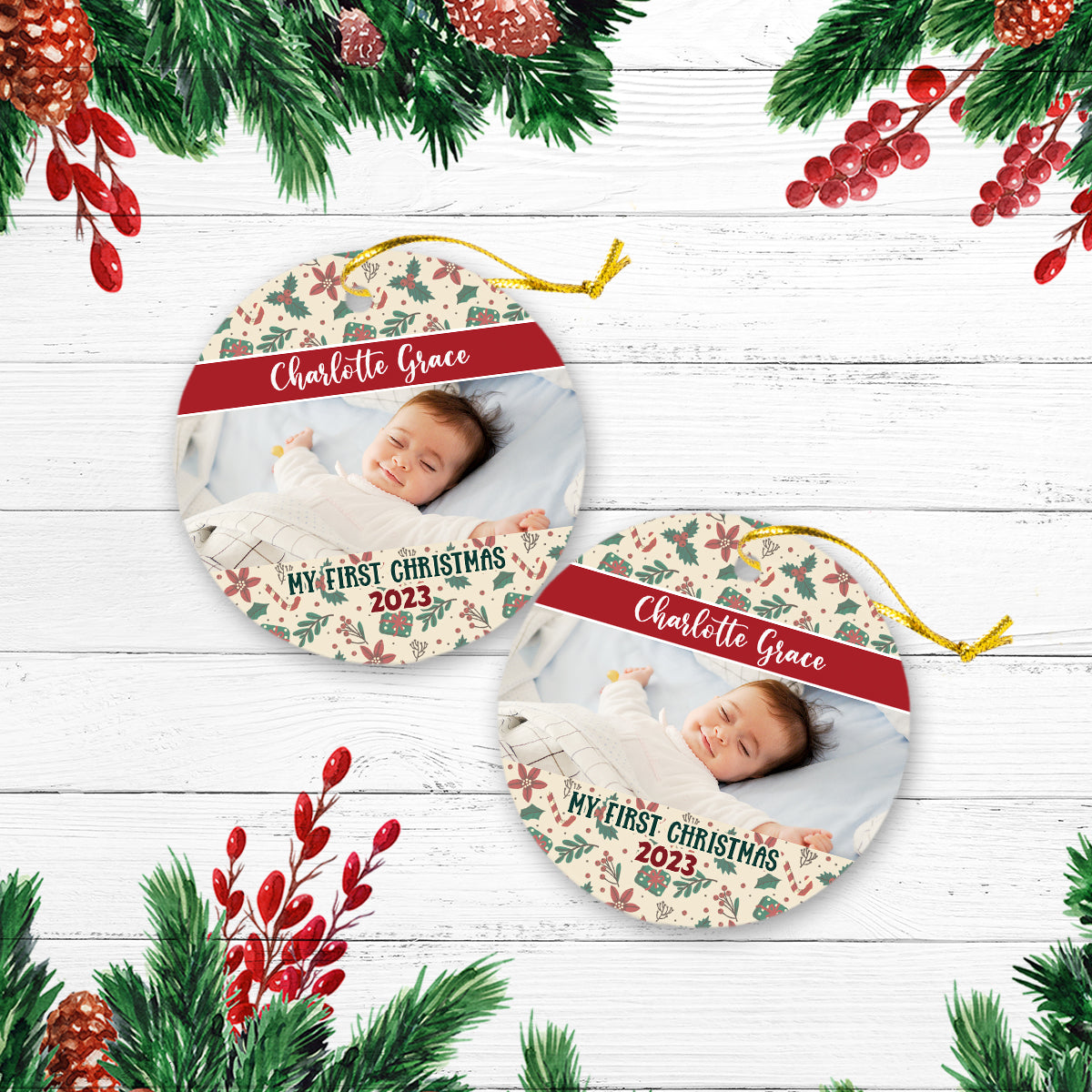 Family Baby Christmas Personalized Custom Photo Christmas Premium Ceramic Ornaments Gift For Family