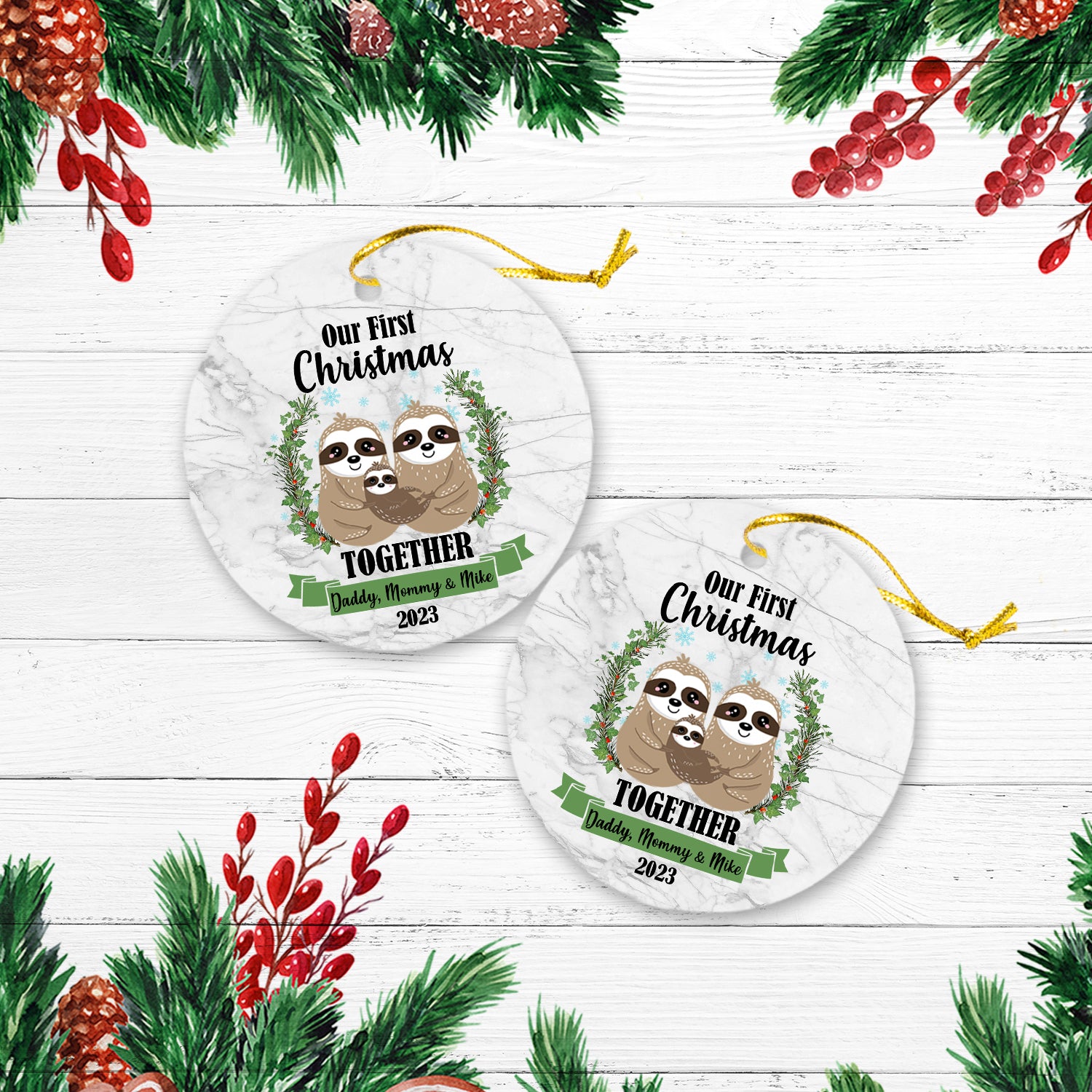 Our First Christmas Together With Family Cute Animals Version Sloth Personalized Christmas Premium Ceramic Ornaments