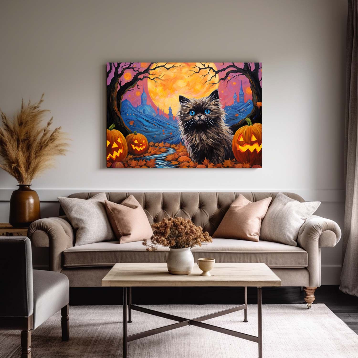 Keeshonden Dog 01 Halloween With Pumpkin Oil Painting Van Goh Style, Wooden Canvas Prints Wall Art Painting , Canvas 3d Art
