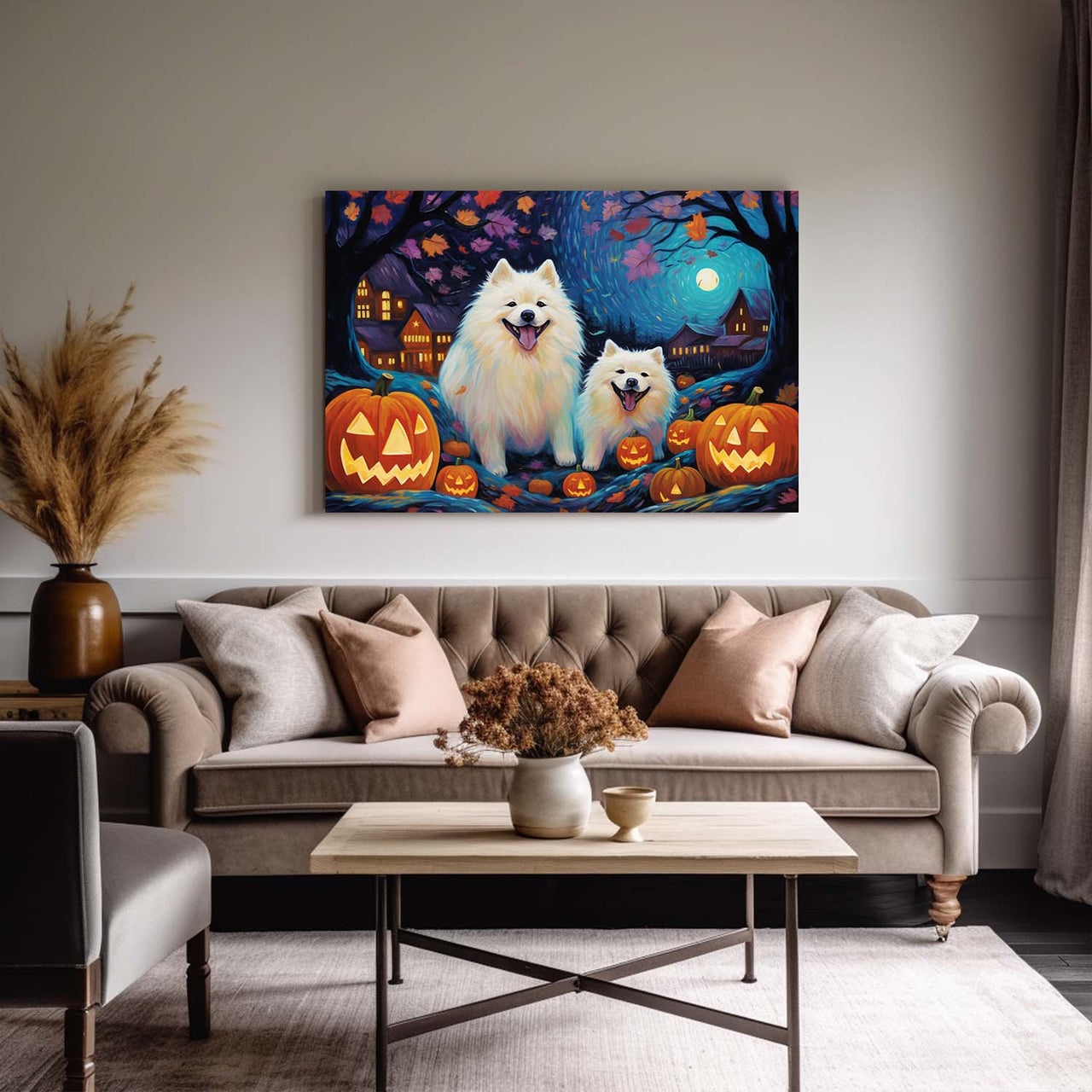 Samoyeds Dog 01 Halloween With Pumpkin Oil Painting Van Goh Style, Wooden Canvas Prints Wall Art Painting , Canvas 3d Art