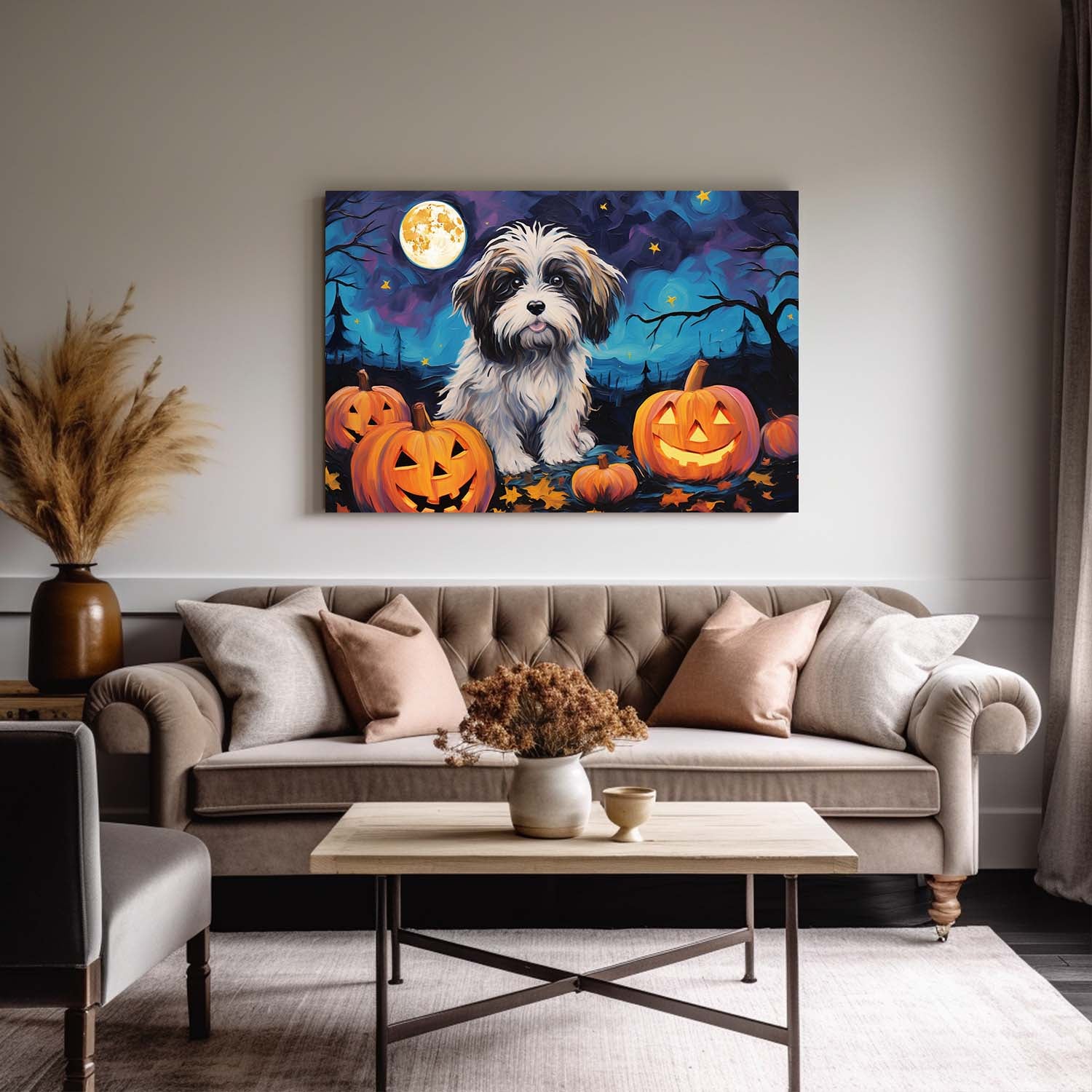 Havanese  Dog 02 Halloween With Pumpkin Oil Painting Van Goh Style, Wooden Canvas Prints Wall Art Painting , Canvas 3d Art