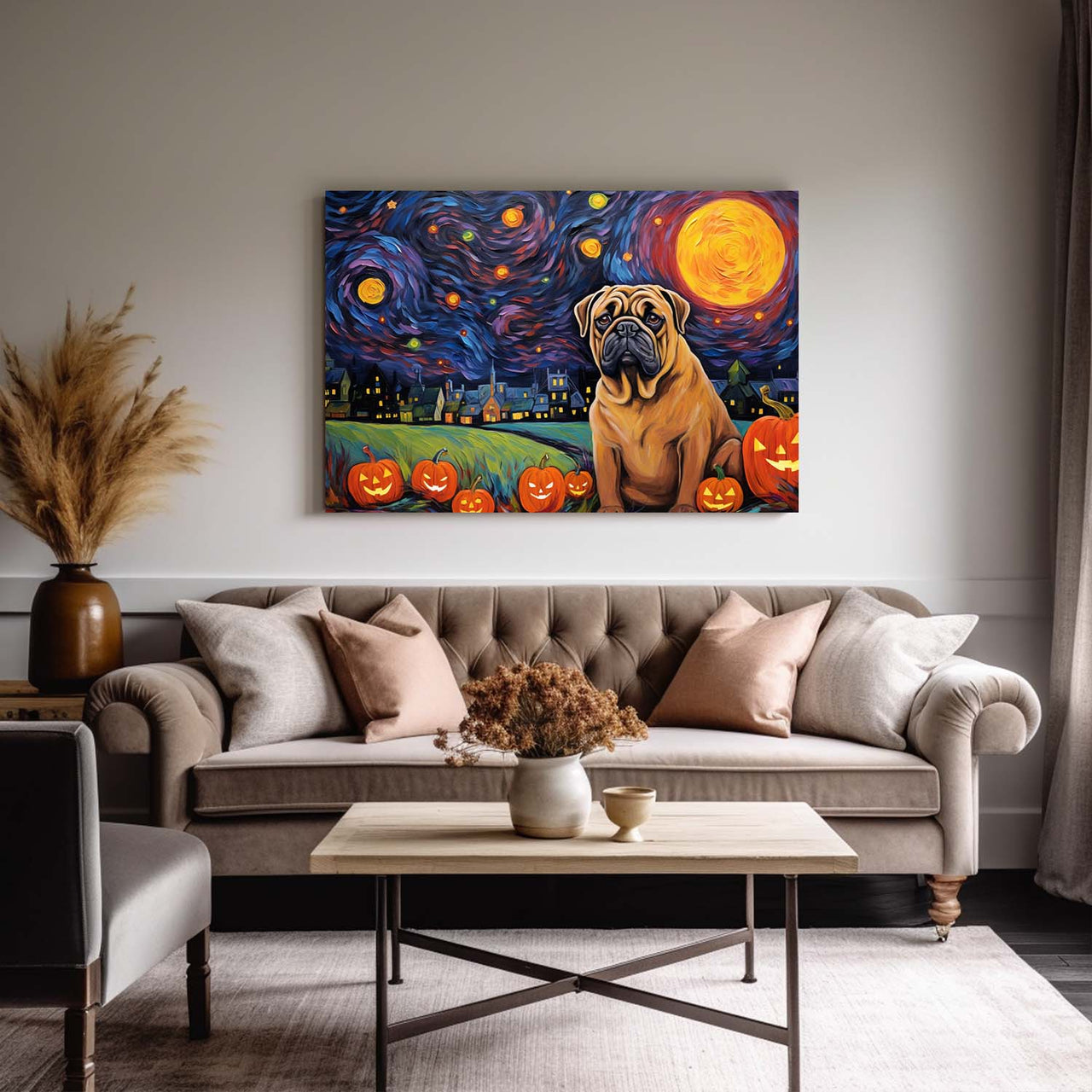 Mastiffs Dog Halloween With Pumpkin Oil Painting Van Goh Style, Wooden Canvas Prints Wall Art Painting , Canvas 3d Art