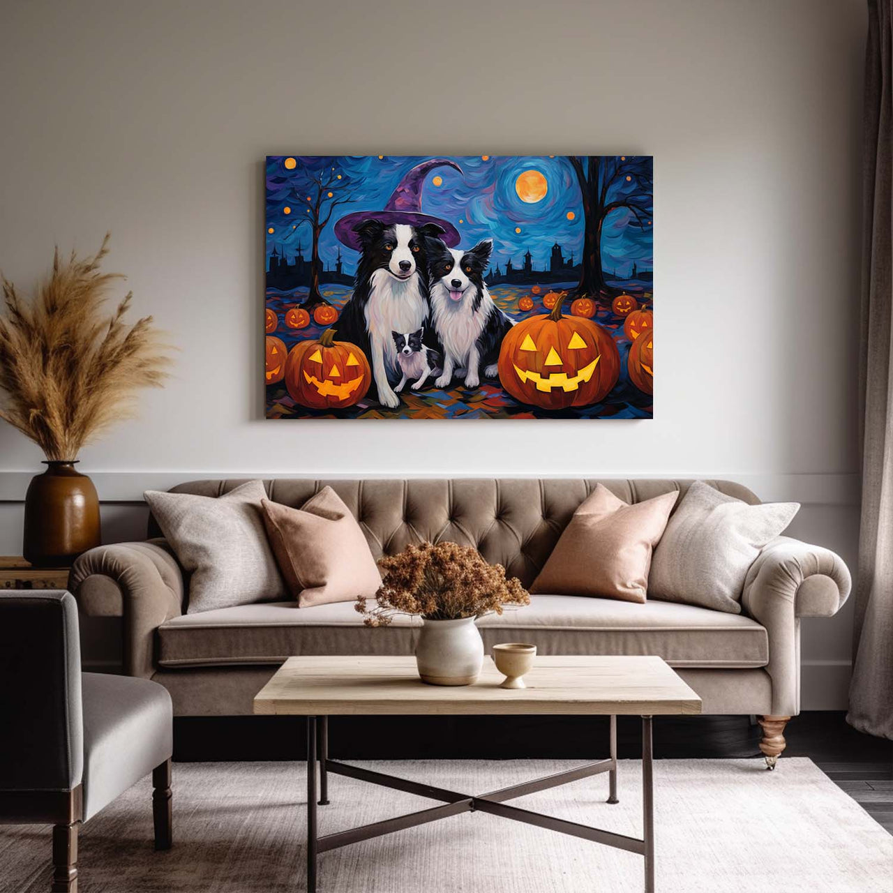 Border Collies Dog 02 Halloween With Pumpkin Oil Painting Van Goh Style, Wooden Canvas Prints Wall Art Painting , Canvas 3d Art