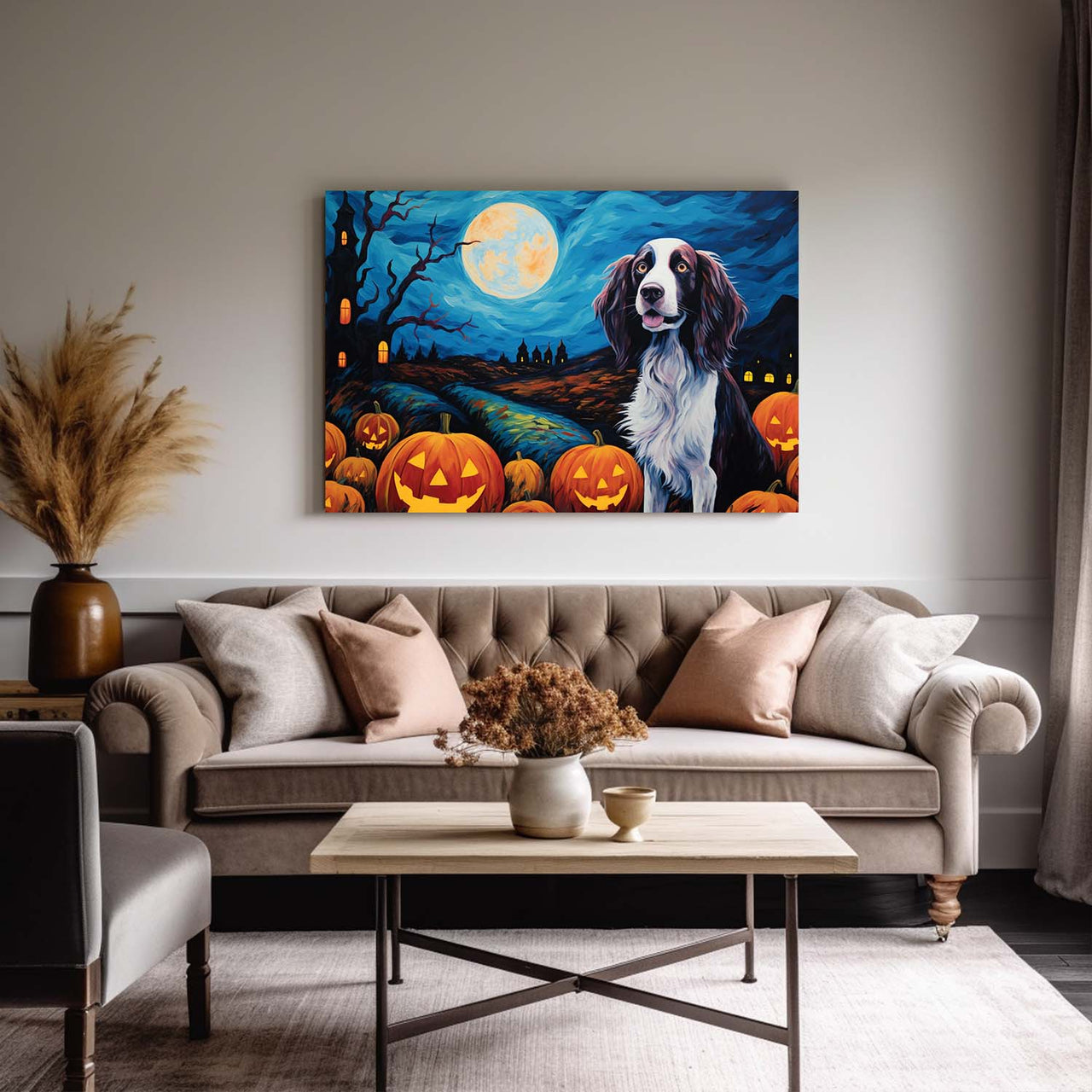 Irish Setters Dog 03 Halloween With Pumpkin Oil Painting Van Goh Style, Wooden Canvas Prints Wall Art Painting , Canvas 3d Art