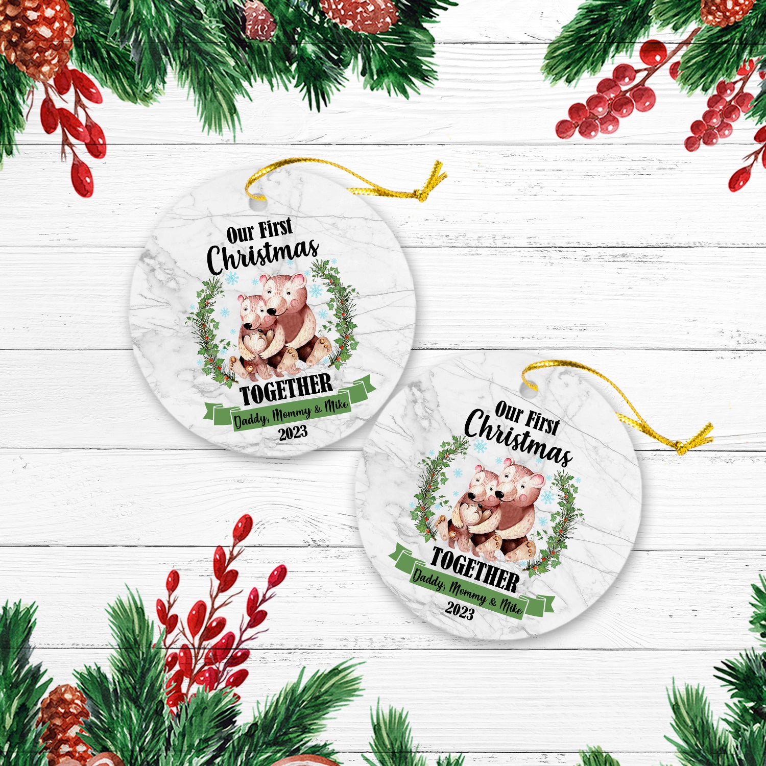 Our First Christmas Together With Family Cute Animals Version Bear Personalized Christmas Premium Ceramic Ornaments