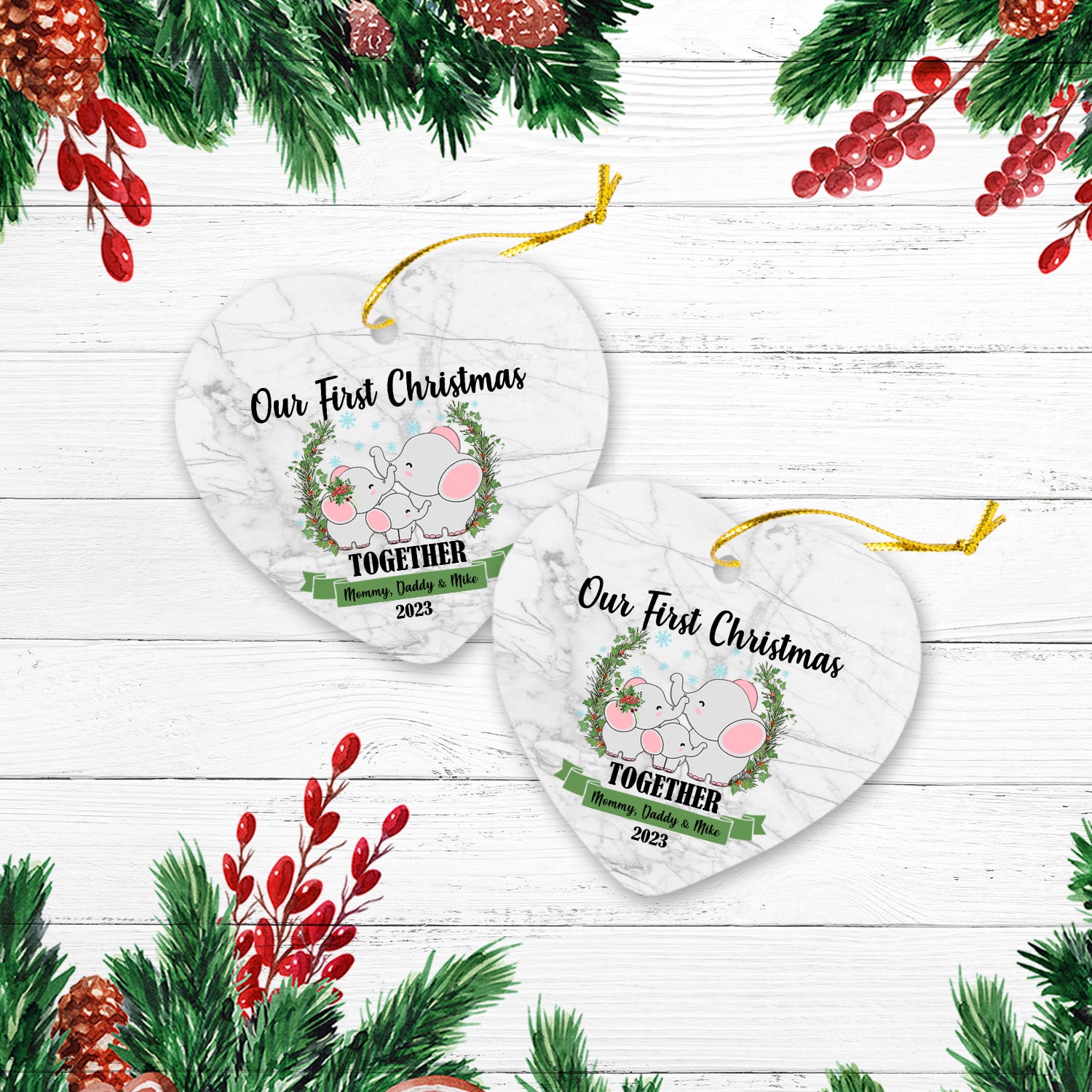 Our First Christmas Together With Family Cute Animals Version Elephant Personalized Christmas Premium Ceramic Ornaments