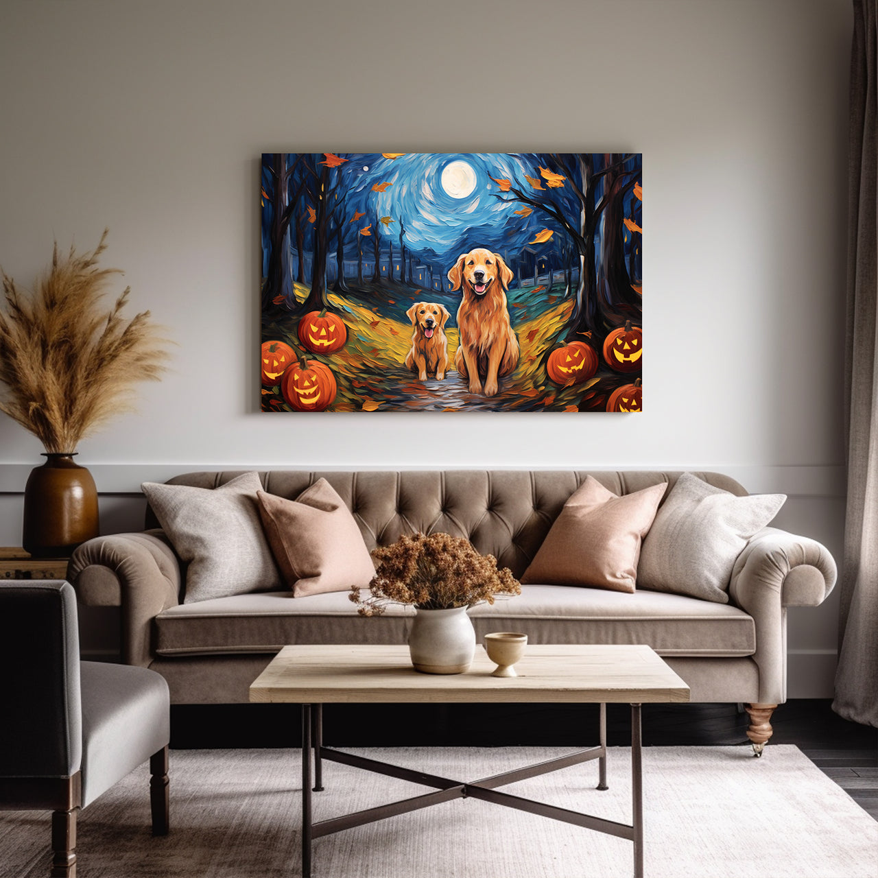 Golden Retrievers Dog 02 Halloween With Pumpkin Oil Painting Van Goh Style, Wooden Canvas Prints Wall Art Painting , Canvas 3d Art