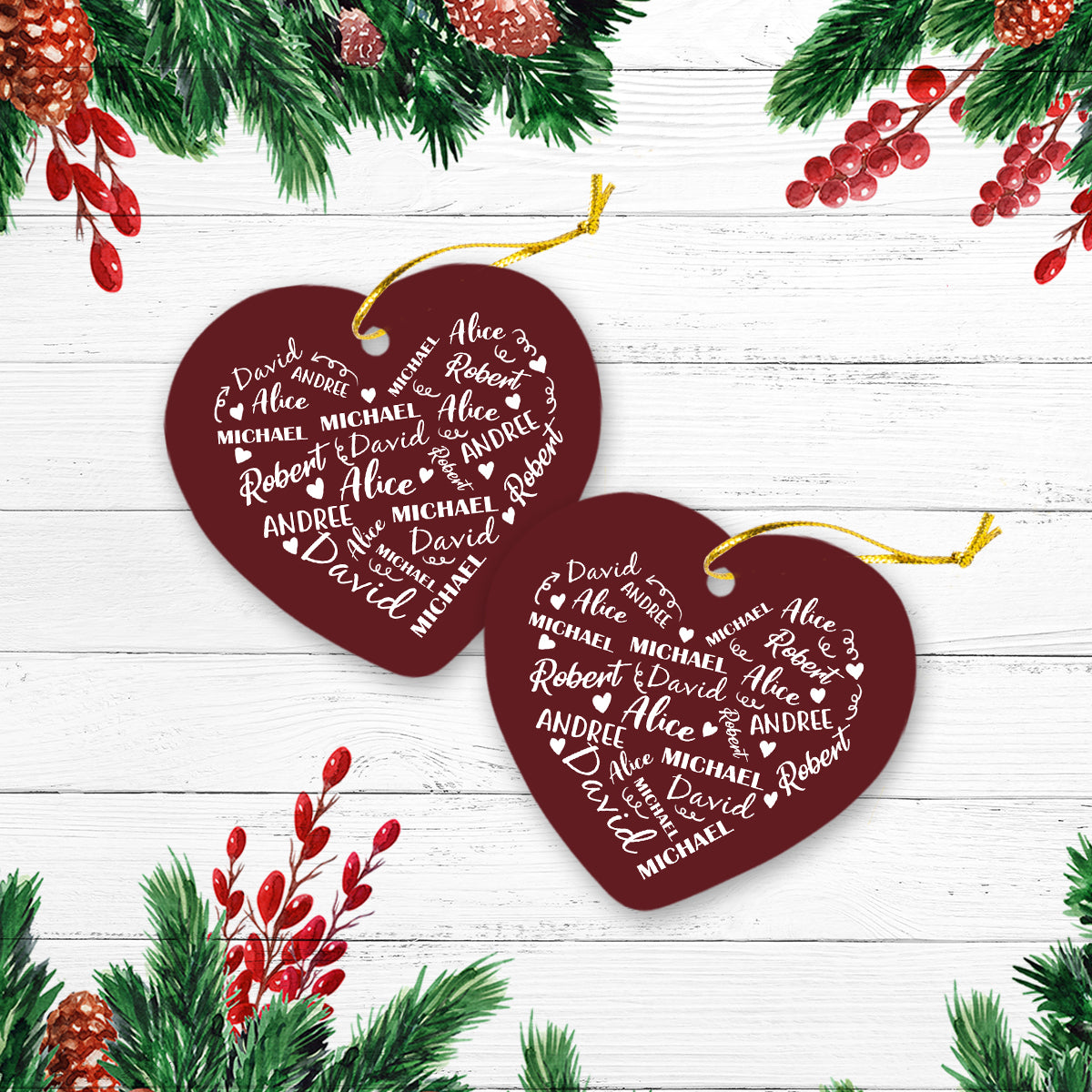Touch Heart Red Version 02 Christmas Personalized Custom Name Christmas Premium Ceramic Ornaments Sets