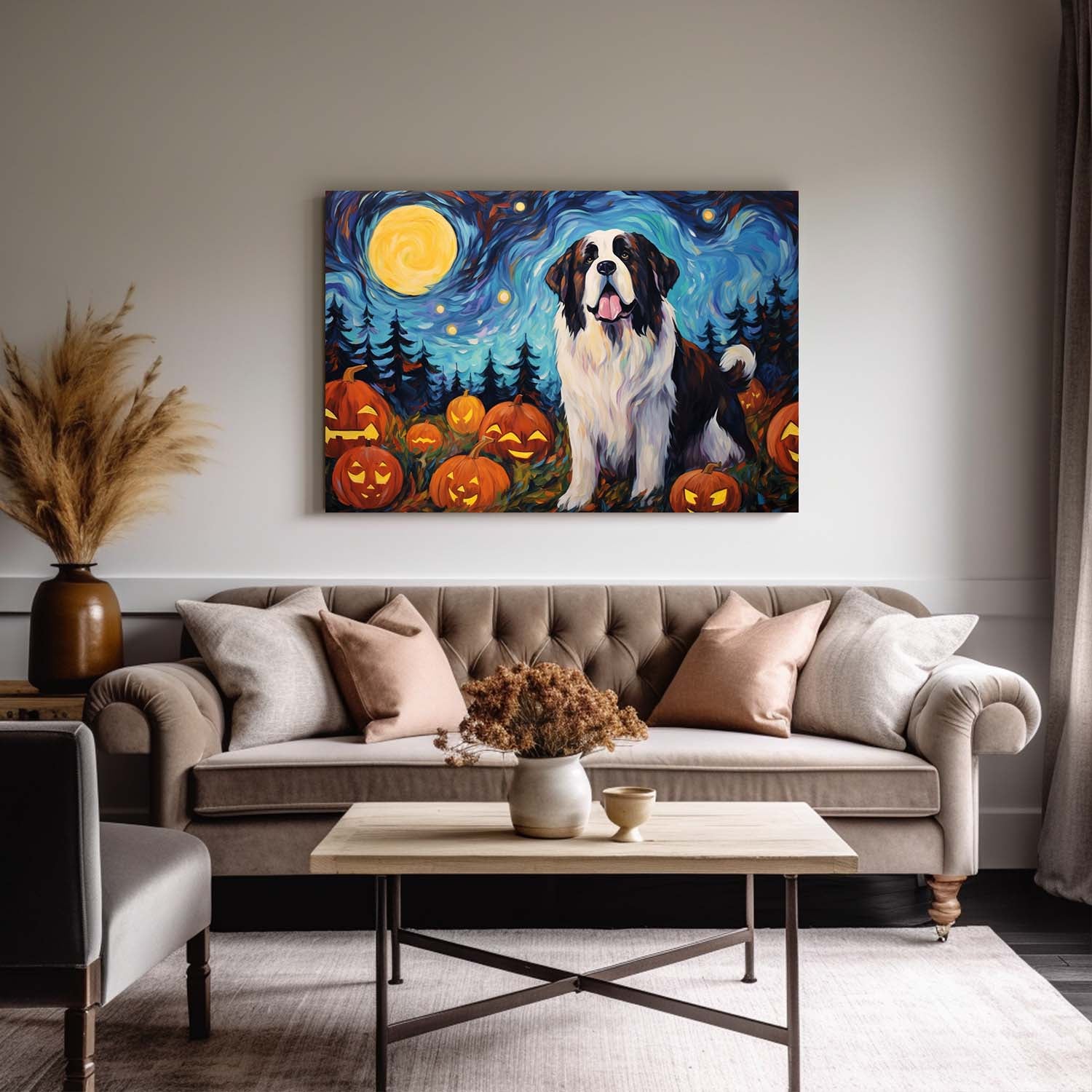 St. Bernards Dog 02 Halloween With Pumpkin Oil Painting Van Goh Style, Wooden Canvas Prints Wall Art Painting , Canvas 3d Art