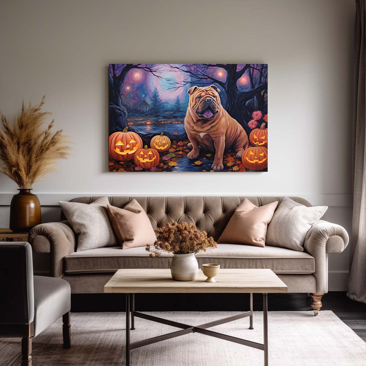 Chinese Shar-Pei Dog Halloween With Pumpkin Oil Painting Van Goh Style, Wooden Canvas Prints Wall Art Painting , Canvas 3d Art