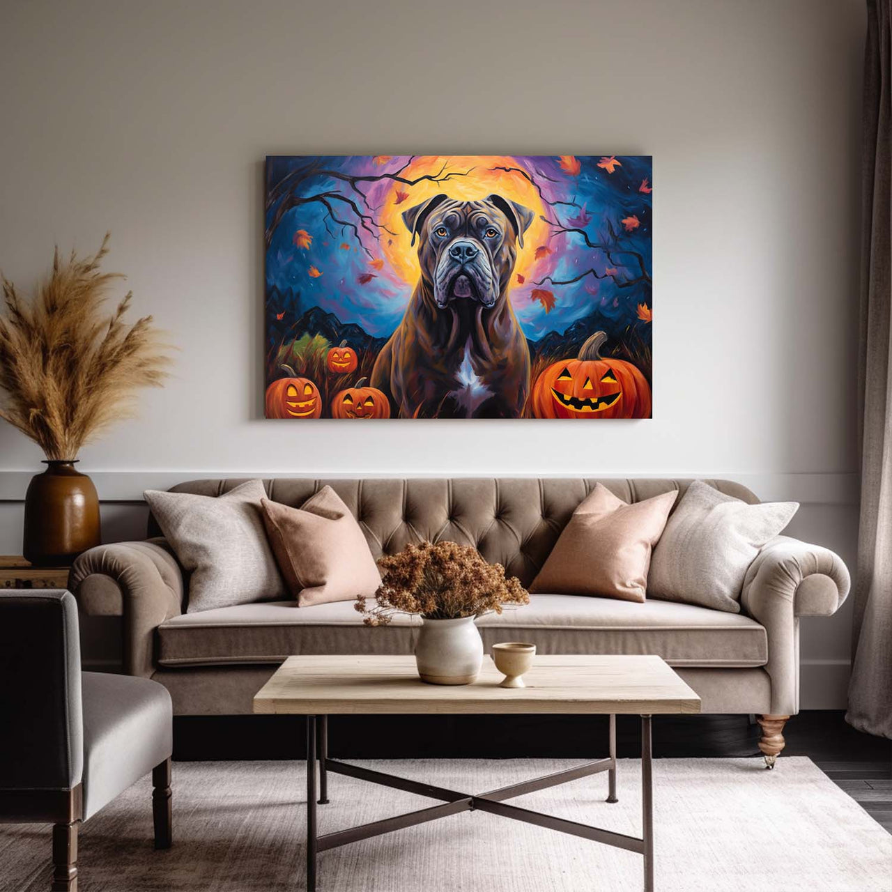 Cane Corso Dog 03 Halloween With Pumpkin Oil Painting Van Goh Style, Wooden Canvas Prints Wall Art Painting , Canvas 3d Art